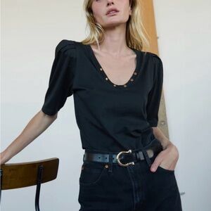 Nation Black V-Neck Puff Sleeve Women's Top